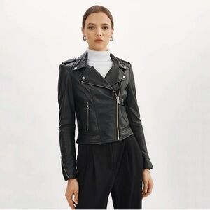 LAMARQUE Donna Black Moto leather Jacket Silver Hardware small
